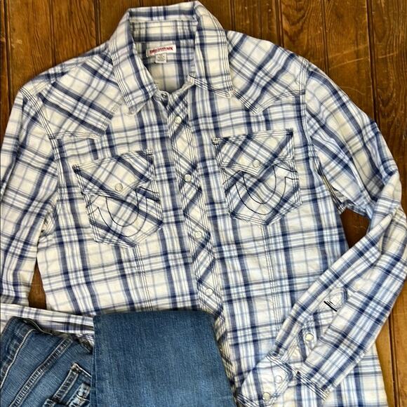 Men’s Y2K  True Religion plaid western style snap button long sleeve shirt - Picture 1 of 6